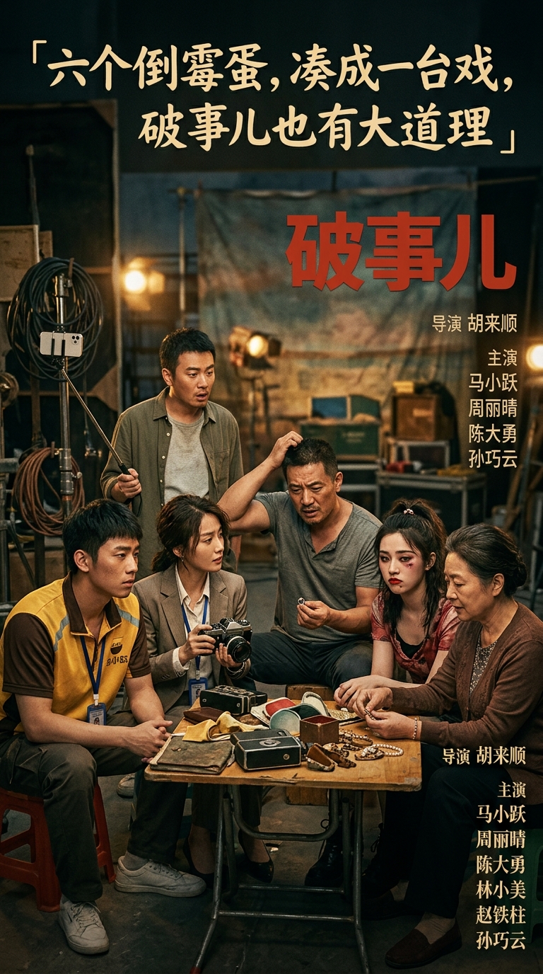 《破事儿》主视觉：马小跃拎着送错的外卖袋站在老旧居民楼电梯口